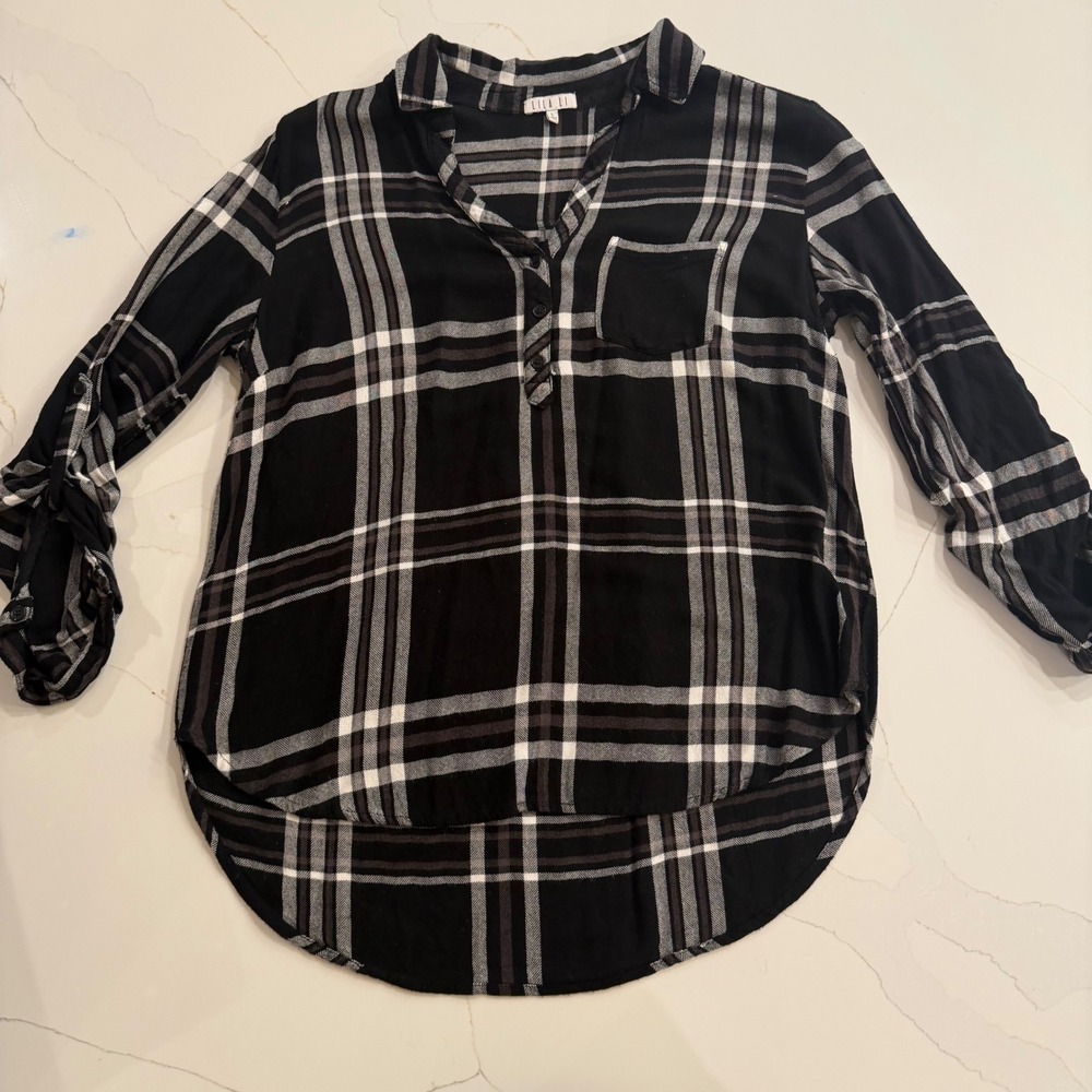 Lila Li Womens Black White Plaid Henley Tunic Top Roll Tab Sleeve Large CT10195